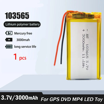 3000mAh Rechargeable 3.7V 103665 Battery Gps Polymer Lithium Battery For LED Light Driving Recorder PSP Camera Bluetooth Speaker