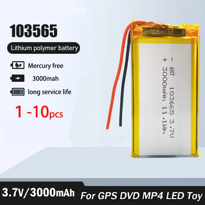 3000mAh Rechargeable 3.7V 103665 Battery Gps Polymer Lithium Battery For LED Light Driving Recorder PSP Camera Bluetooth Speaker