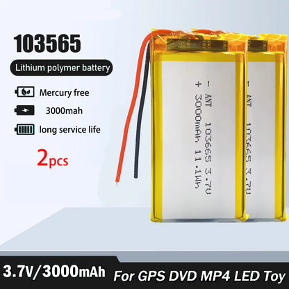 3000mAh Rechargeable 3.7V 103665 Battery Gps Polymer Lithium Battery For LED Light Driving Recorder PSP Camera Bluetooth Speaker