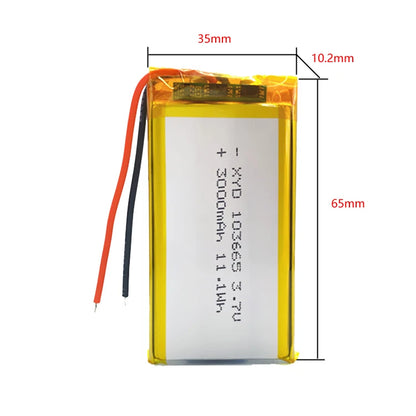 3000mAh Rechargeable 3.7V 103665 Battery Gps Polymer Lithium Battery For LED Light Driving Recorder PSP Camera Bluetooth Speaker